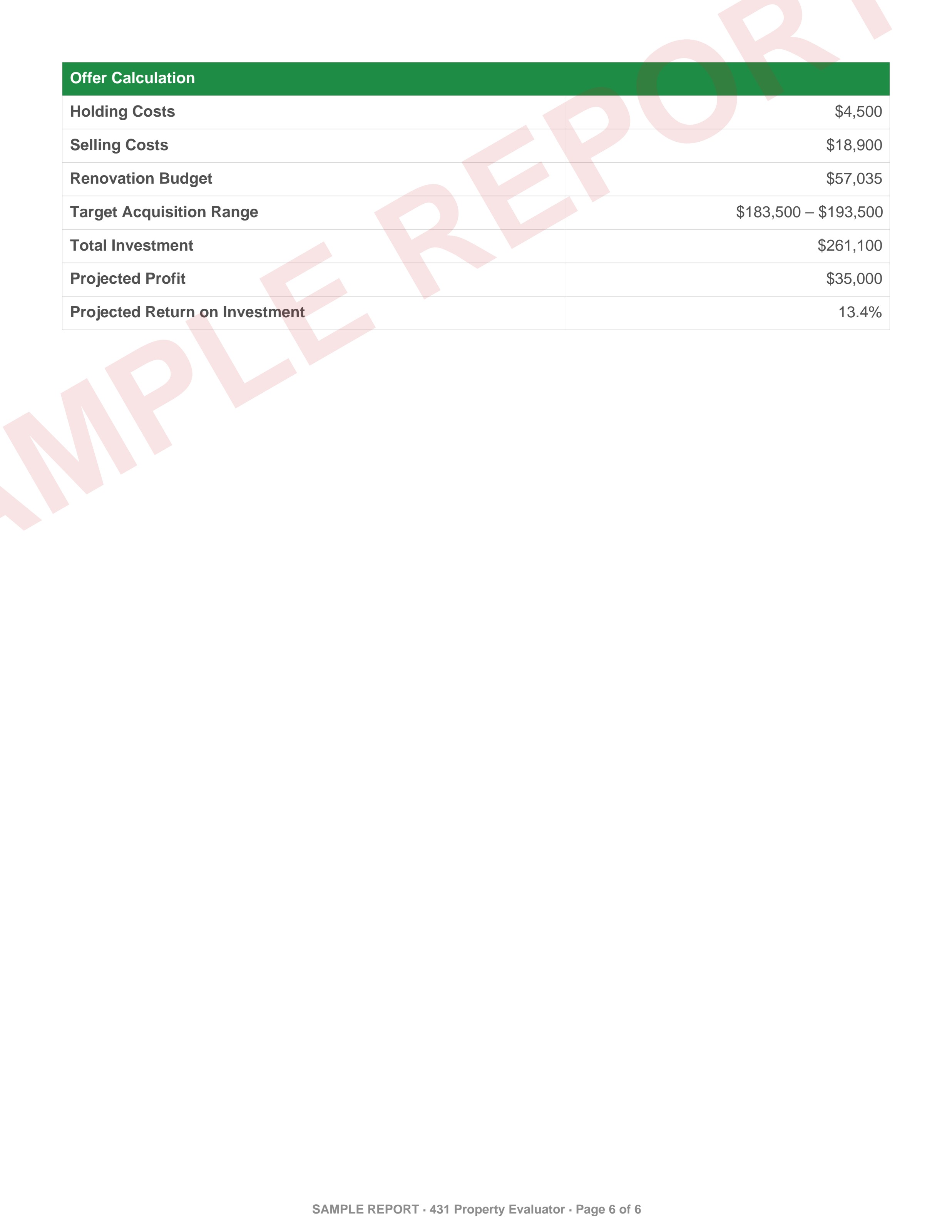 Sample 431 Property Evaluator App report page — Offer Calculation