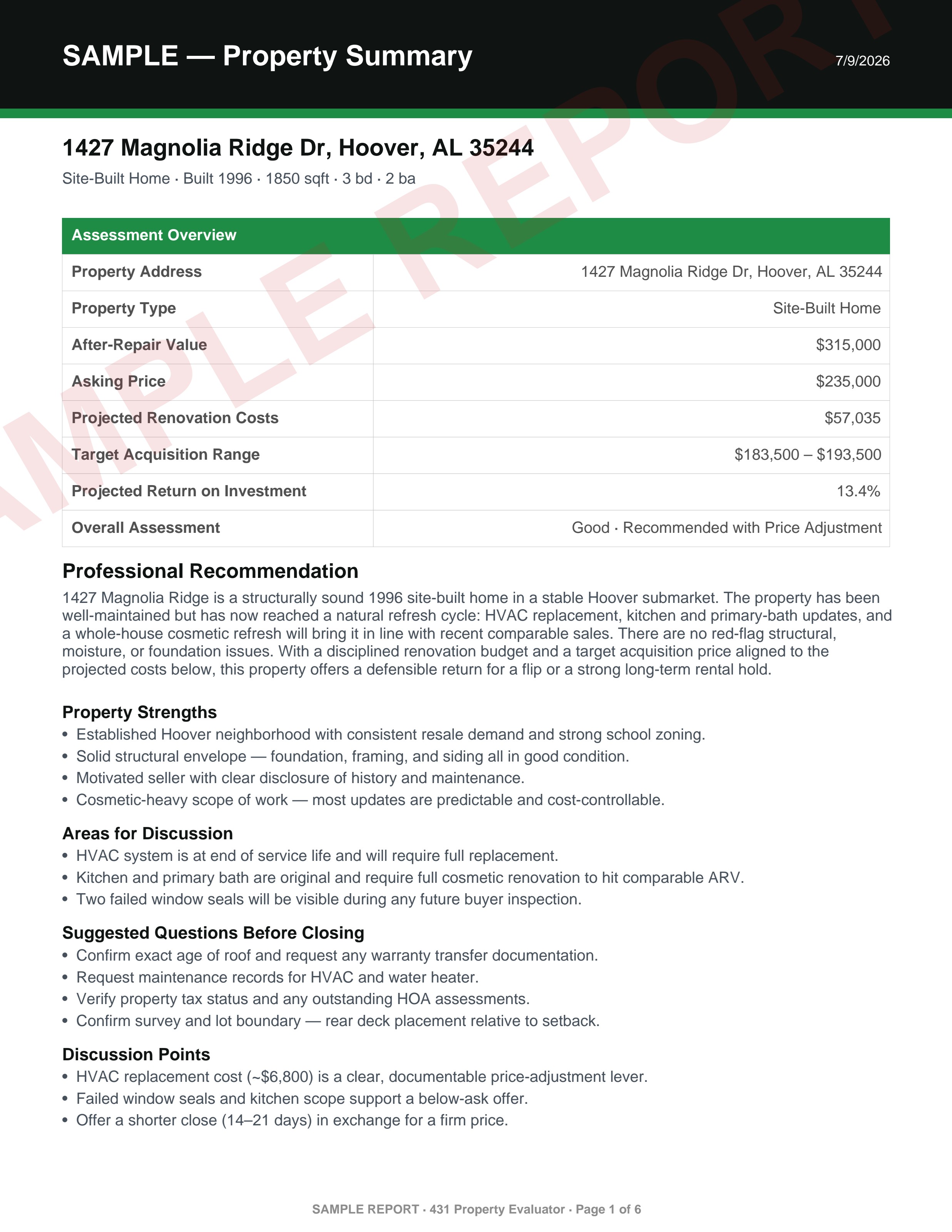 Sample 431 Property Evaluator App report page — Property Summary
